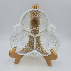 Anchor Hocking Moonstone Opalescent Hobnail 3-Section Clover Relish Dish Vintage